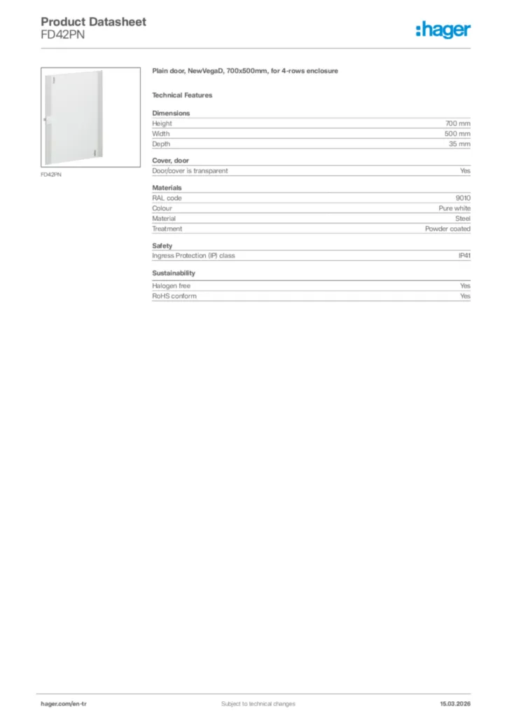 Image Hager Product data sheet FD42PN  | Hager