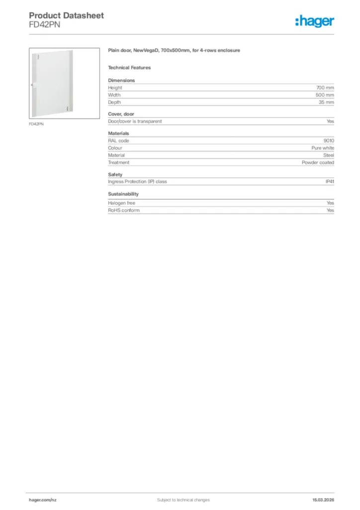 Image Hager Product data sheet FD42PN  | Hager New Zealand