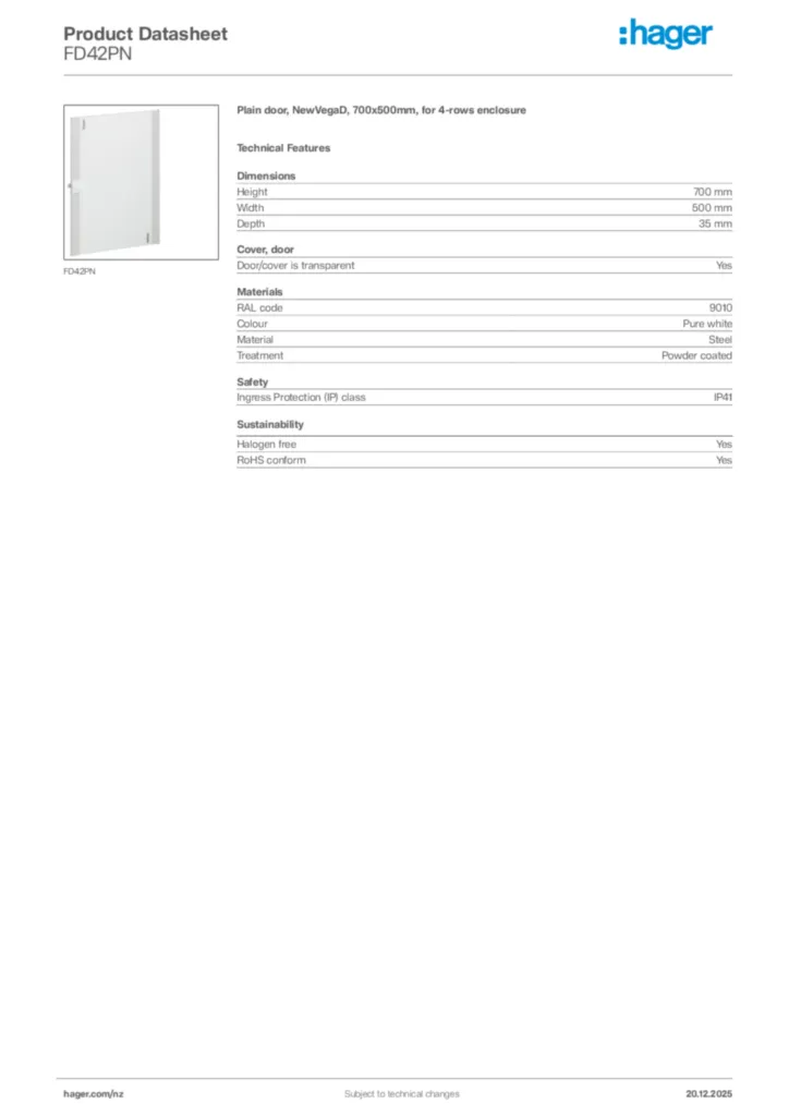 Image Hager Product data sheet FD42PN  | Hager New Zealand