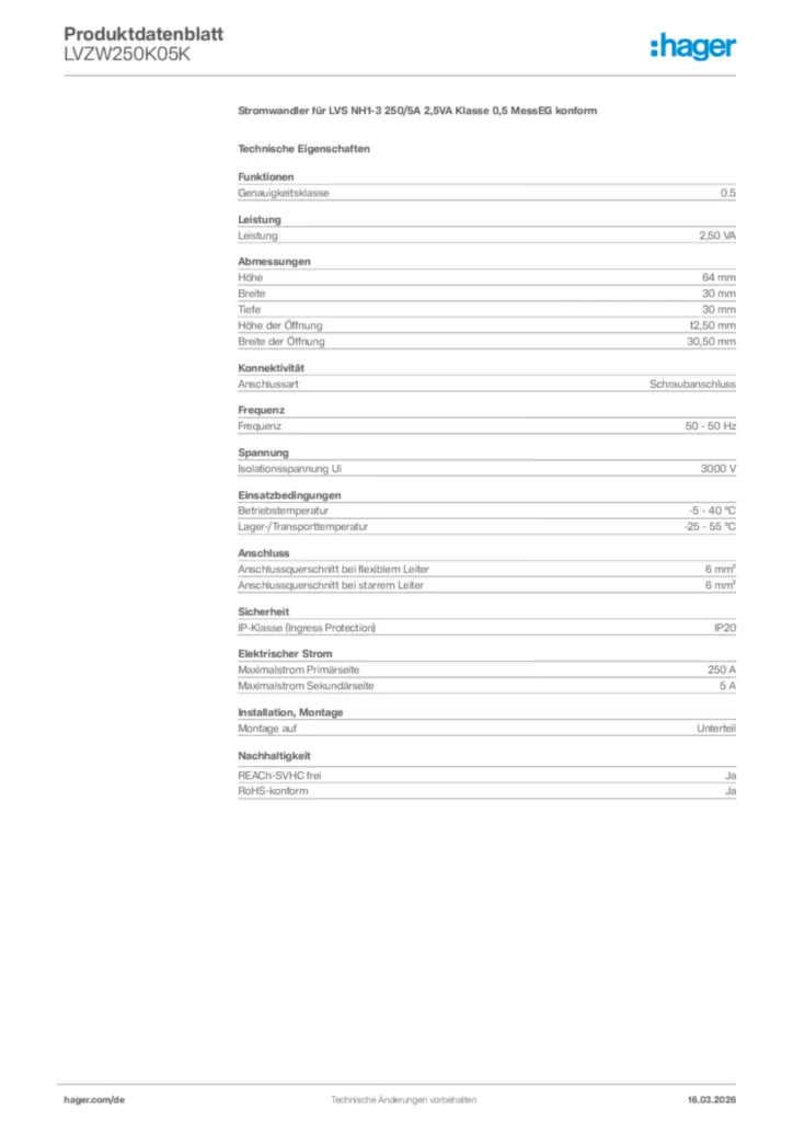 Bild Hager Produktdatenblatt LVZW250K05K | Hager Deutschland