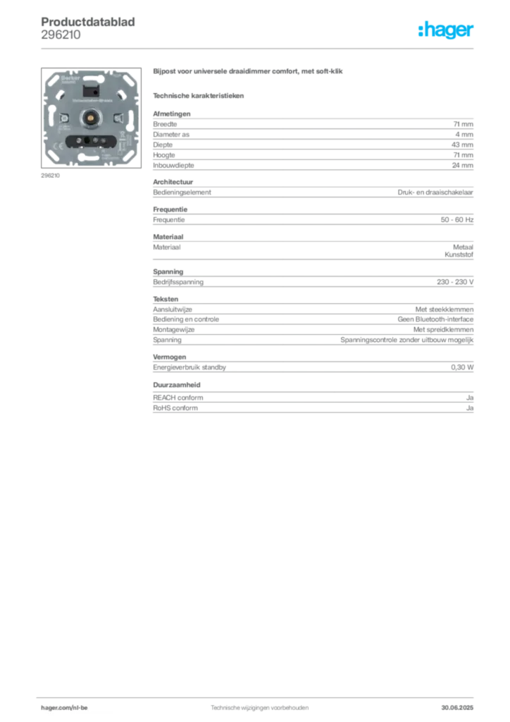Afbeelding Hager Productdatablad 296210 | Hager Belgium