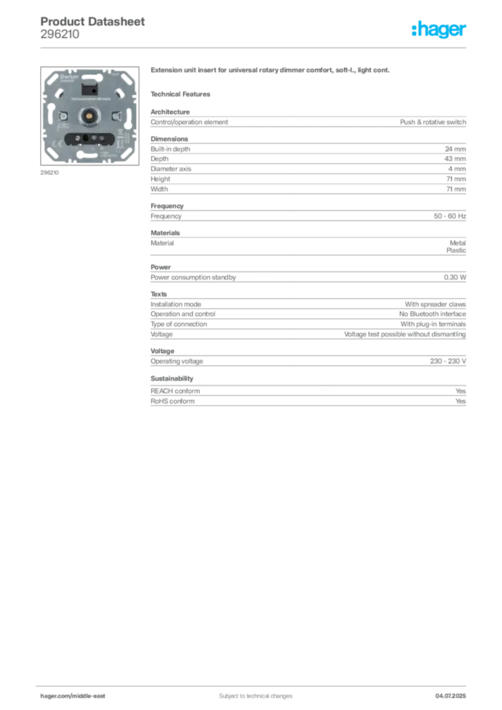 Image Hager Product data sheet 296210  | Hager