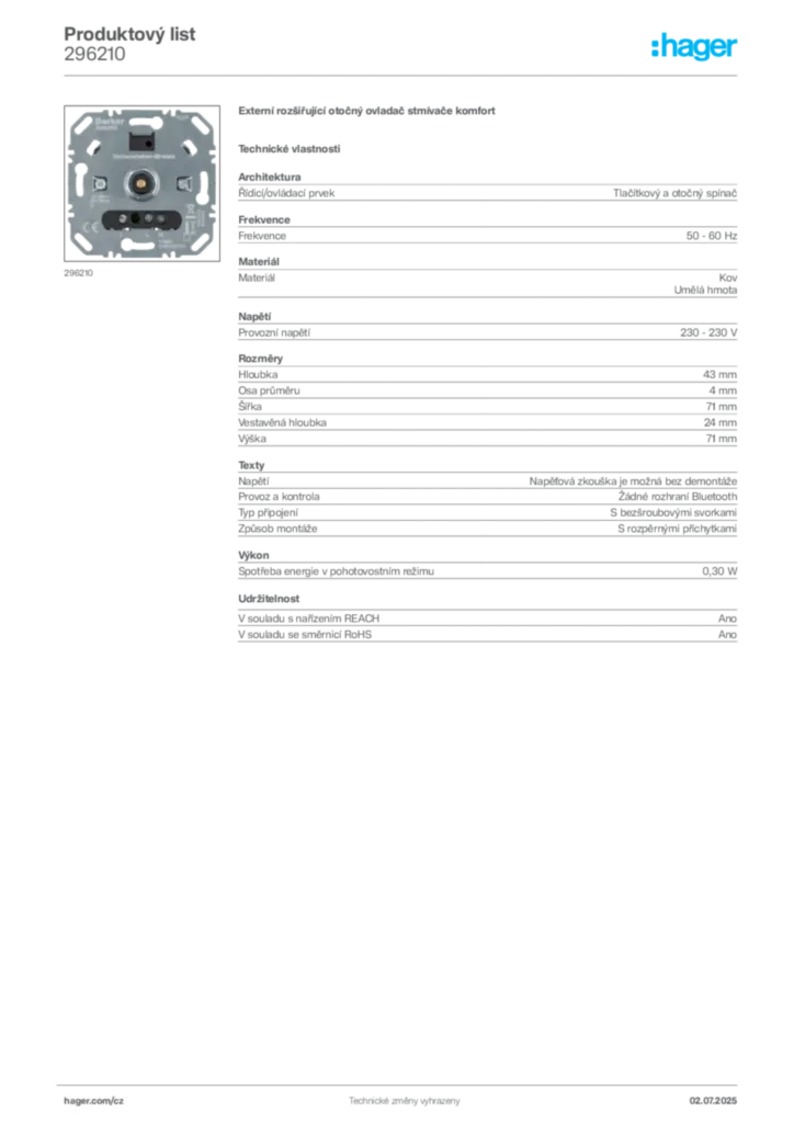 Obrázek Hager Produktový list 296210 | Hager