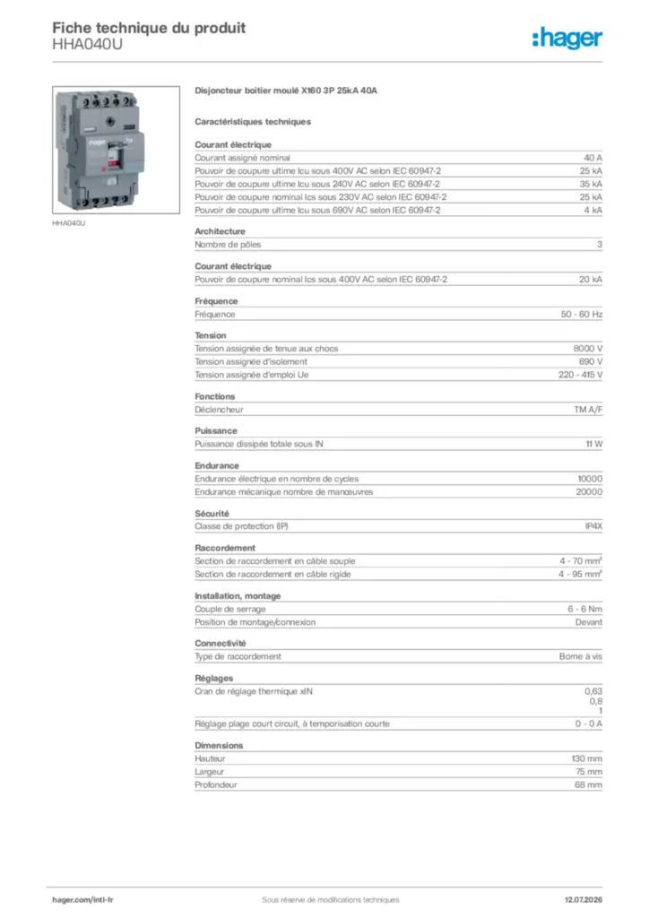 Image Hager Fiche technique du produit HHA040U | Hager Afrique