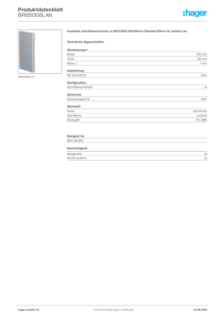 Bild Hager Produktdatenblatt BR651306LAN | Hager Schweiz