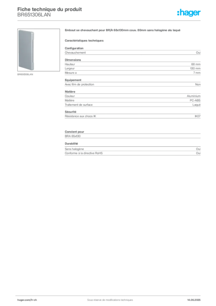 Image Hager Fiche technique du produit BR651306LAN | Hager Suisse