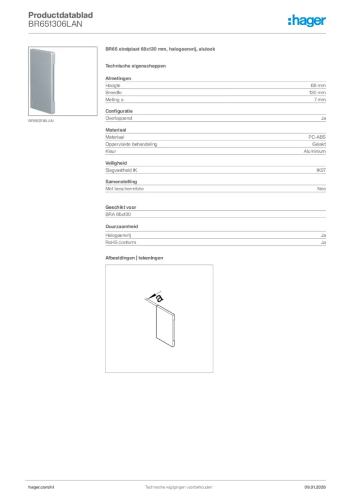 Afbeelding Hager Productdatablad BR651306LAN | Hager Nederland