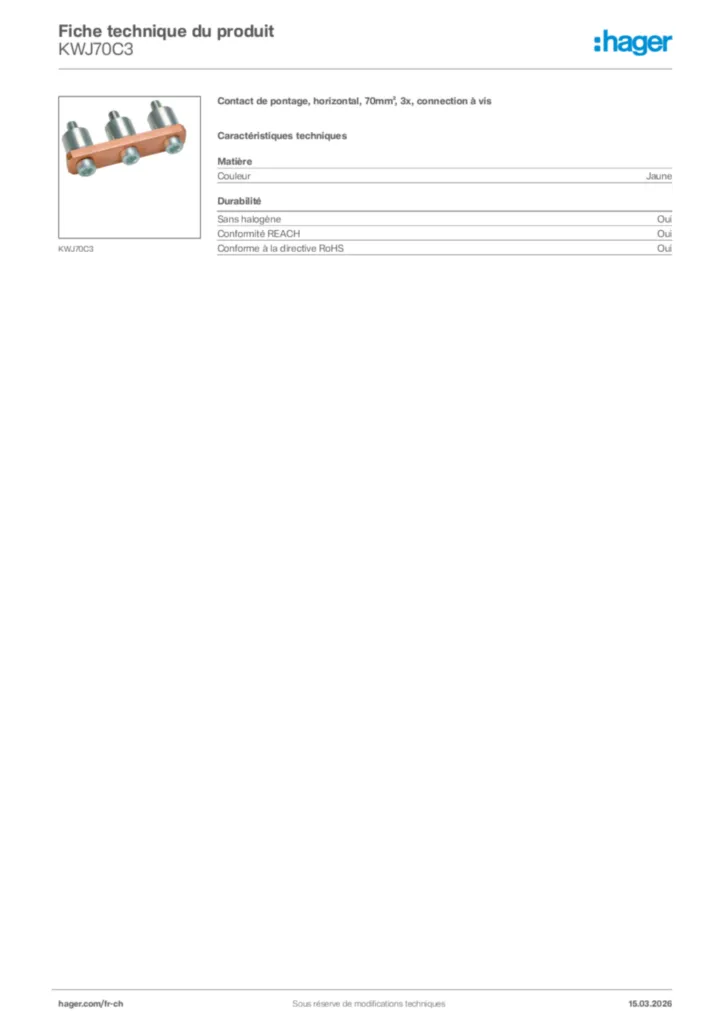 Image Hager Fiche technique du produit KWJ70C3 | Hager Suisse