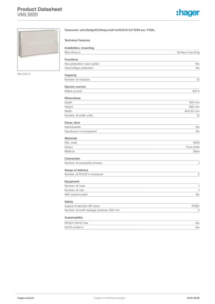 Image Hager Product data sheet VML9651  | Hager