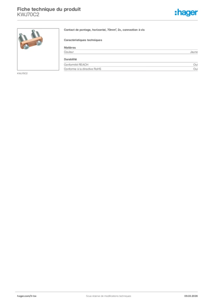 Image Hager Fiche technique du produit KWJ70C2 | Hager Belgique