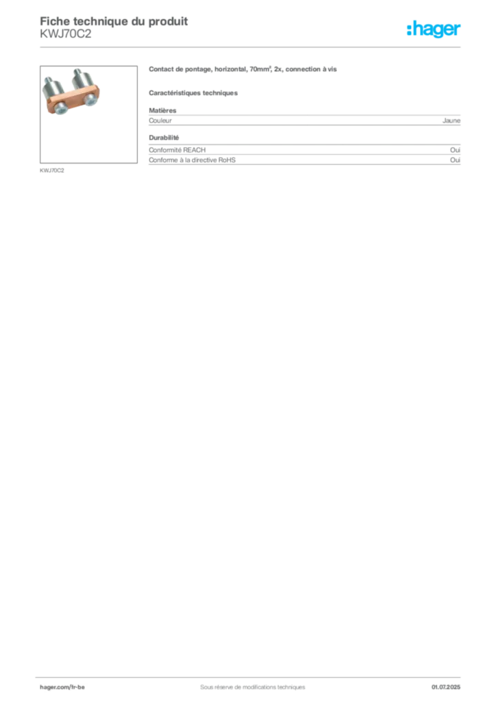 Image Hager Fiche technique du produit KWJ70C2 | Hager Belgique
