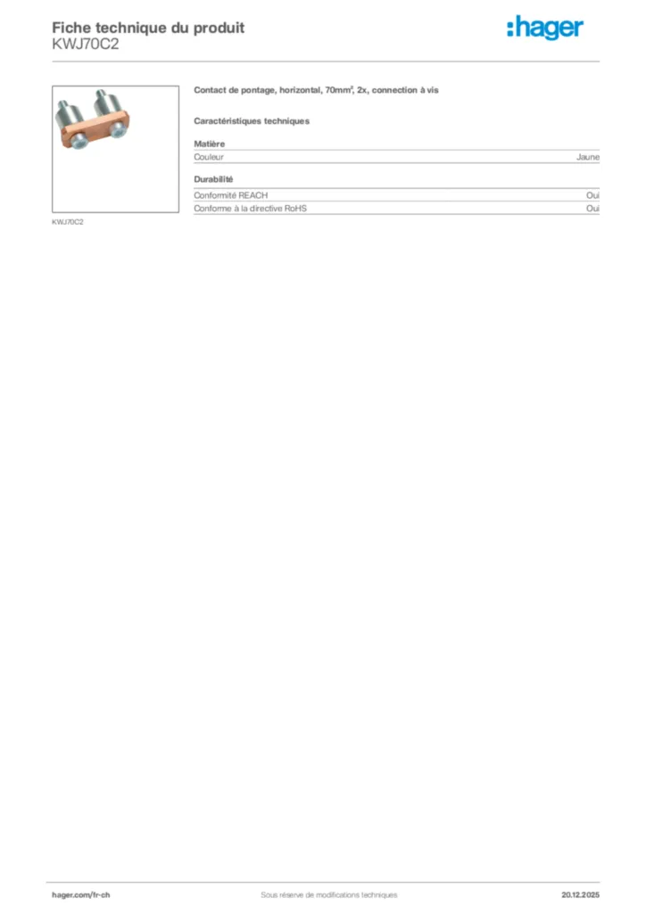 Image Hager Fiche technique du produit KWJ70C2 | Hager Suisse
