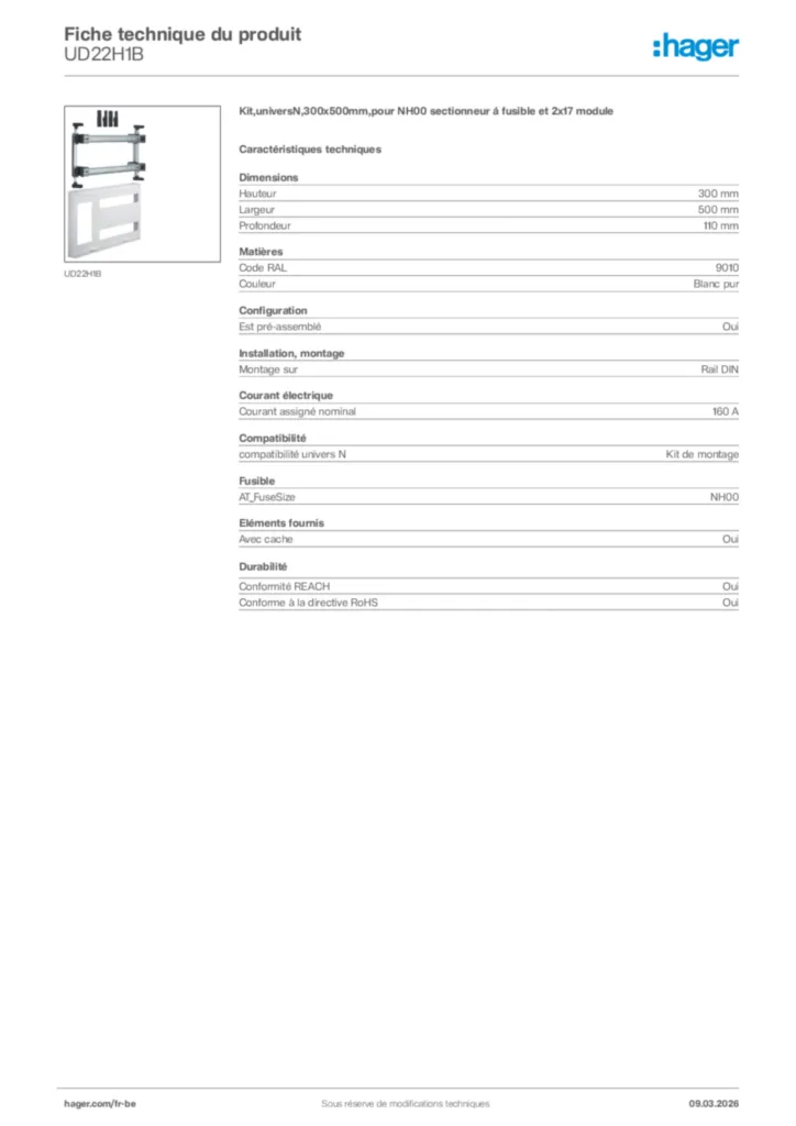 Image Hager Fiche technique du produit UD22H1B | Hager Belgique