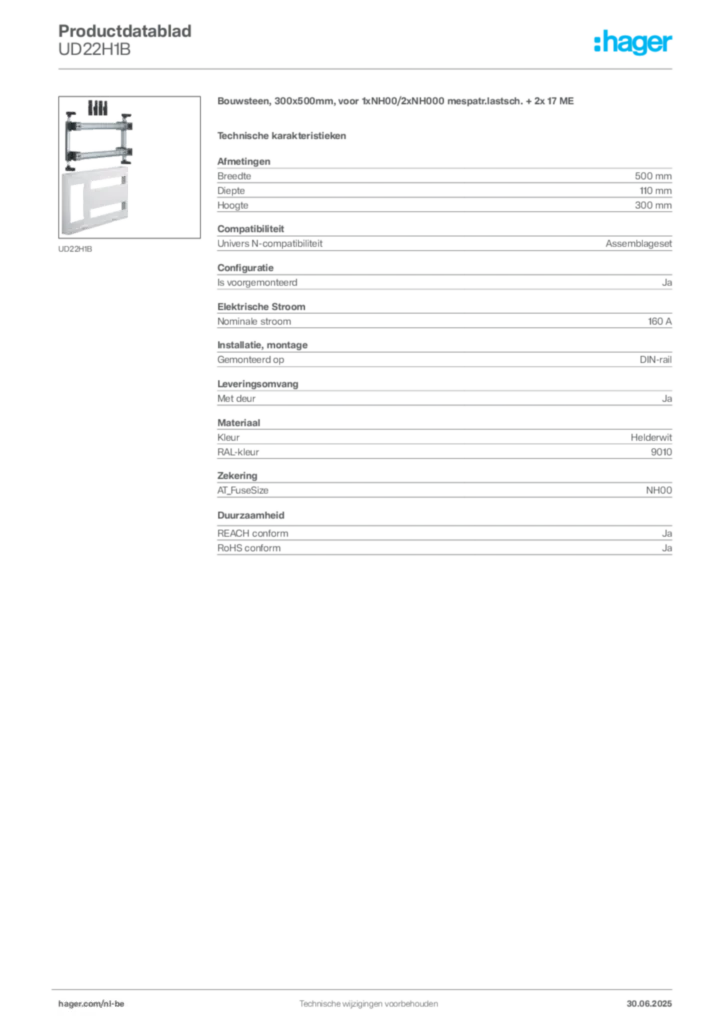 Afbeelding Hager Productdatablad UD22H1B | Hager Belgium