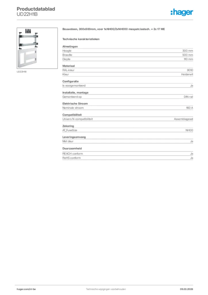 Afbeelding Hager Productdatablad UD22H1B | Hager Belgium
