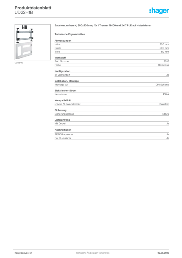 Bild Hager Produktdatenblatt UD22H1B | Hager Schweiz