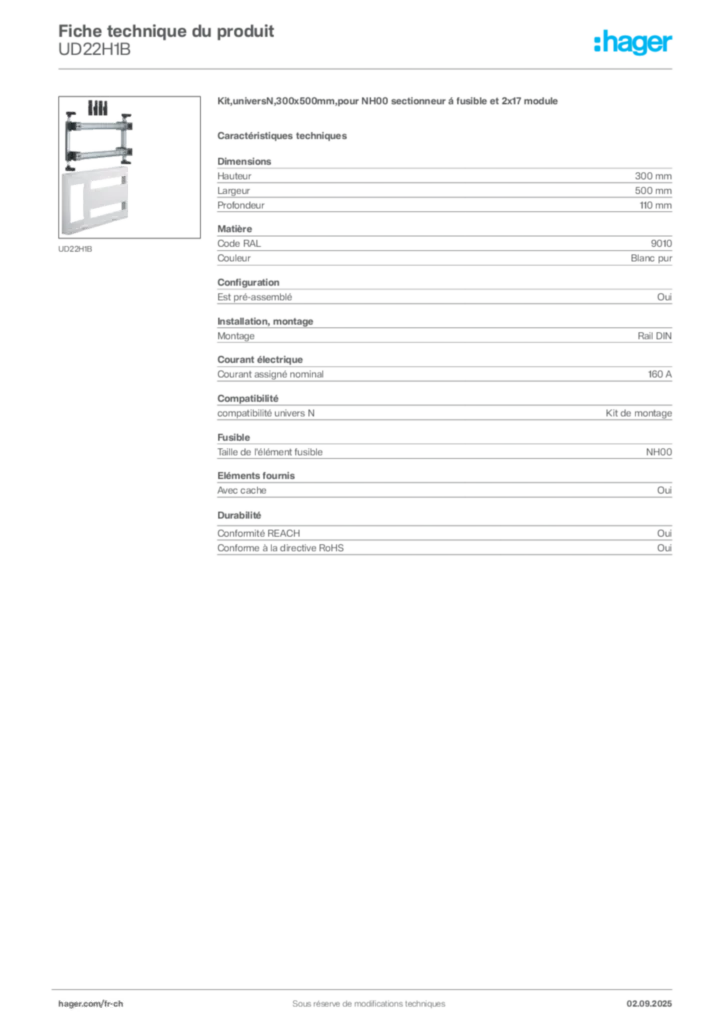 Image Hager Fiche technique du produit UD22H1B | Hager Suisse