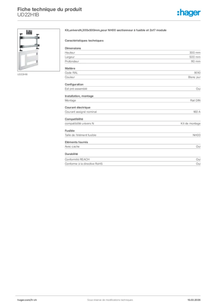 Image Hager Fiche technique du produit UD22H1B | Hager Suisse