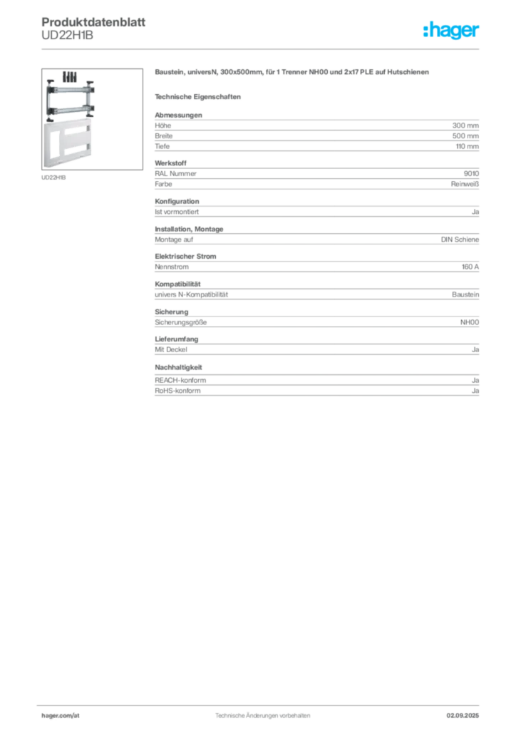 Bild Hager Produktdatenblatt UD22H1B | Hager Deutschland
