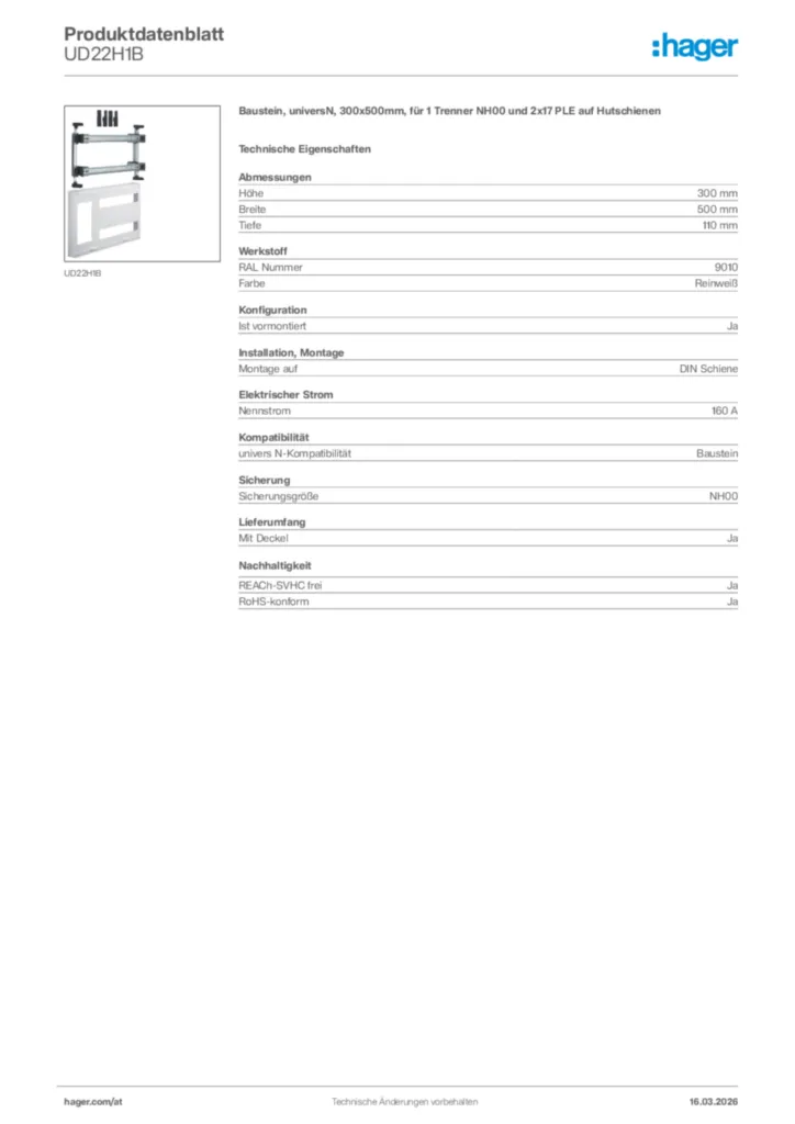 Bild Hager Produktdatenblatt UD22H1B | Hager Deutschland
