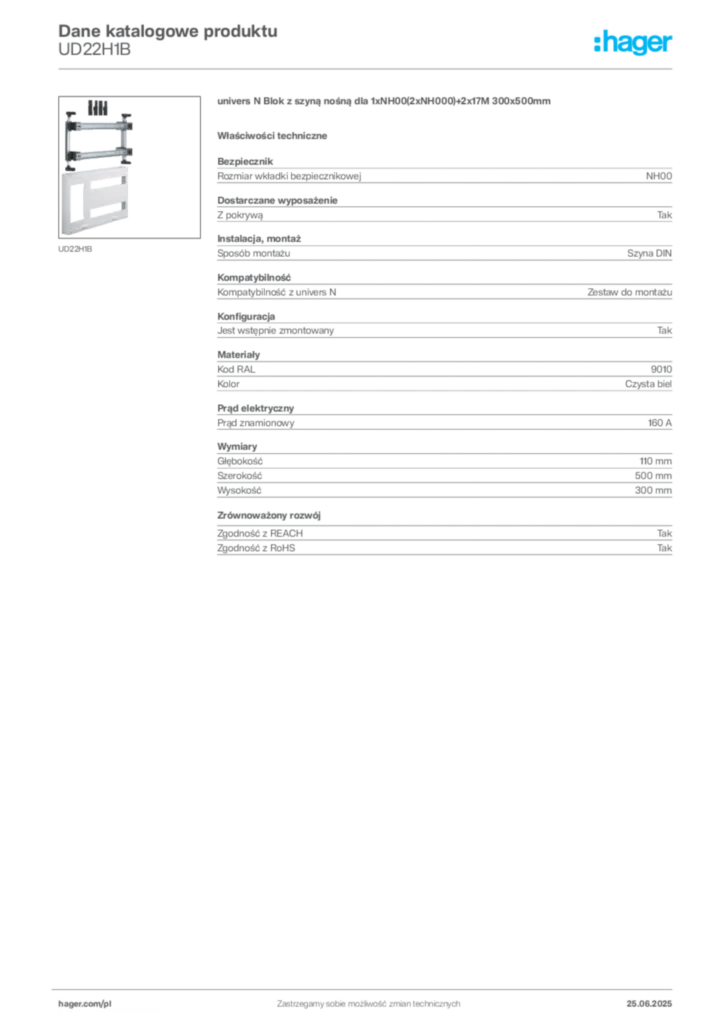 Zdjęcie Hager Karta katalogowa UD22H1B | Hager Polska