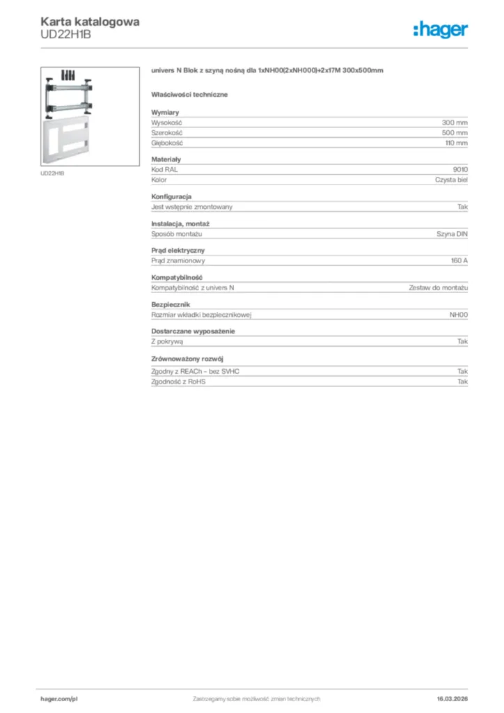 Zdjęcie Hager Karta katalogowa UD22H1B | Hager Polska