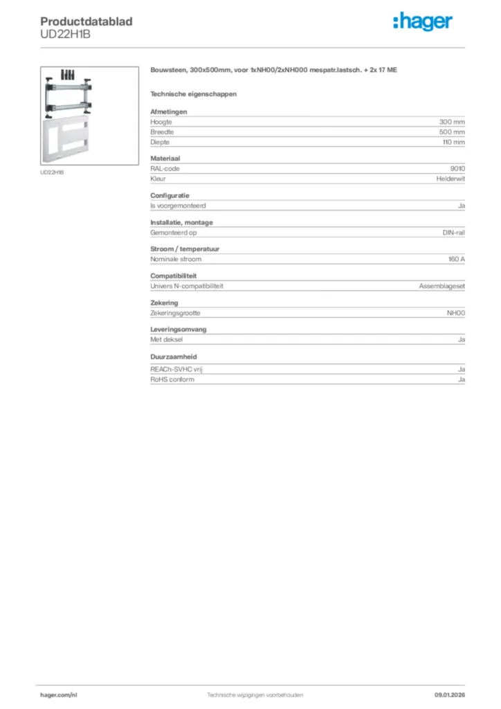 Afbeelding Hager Productdatablad UD22H1B | Hager Nederland