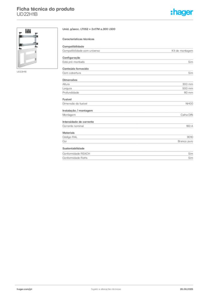 Imagem Hager Ficha técnica do produto UD22H1B | Hager Portugal