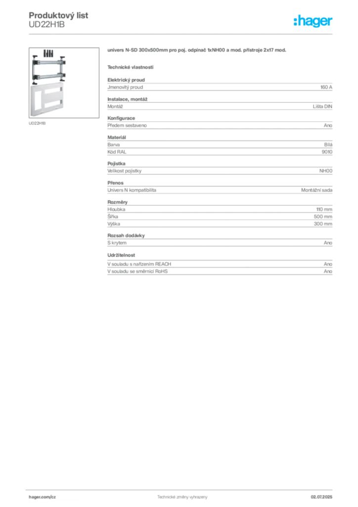 Obrázek Hager Produktový list UD22H1B | Hager