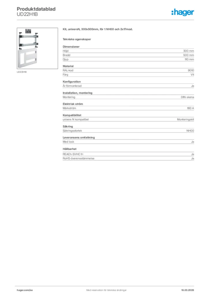 Bild Hager Produktdatablad UD22H1B | Hager Sverige