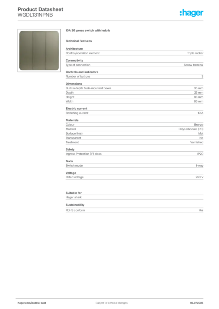 Image Hager Product data sheet WGDL131NPNB  | Hager