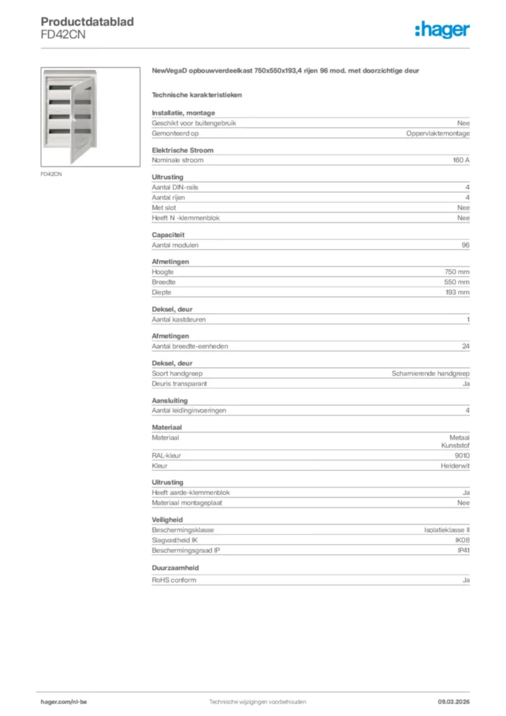 Afbeelding Hager Productdatablad FD42CN | Hager Belgium