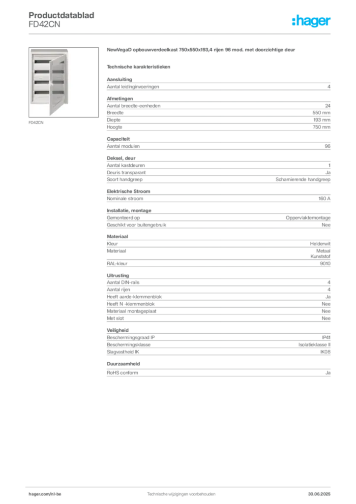 Afbeelding Hager Productdatablad FD42CN | Hager Belgium