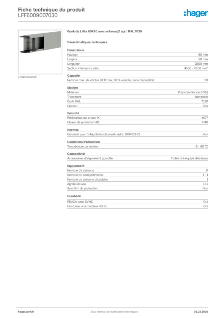 Image Hager Fiche technique du produit LFF6009007030 | Hager France