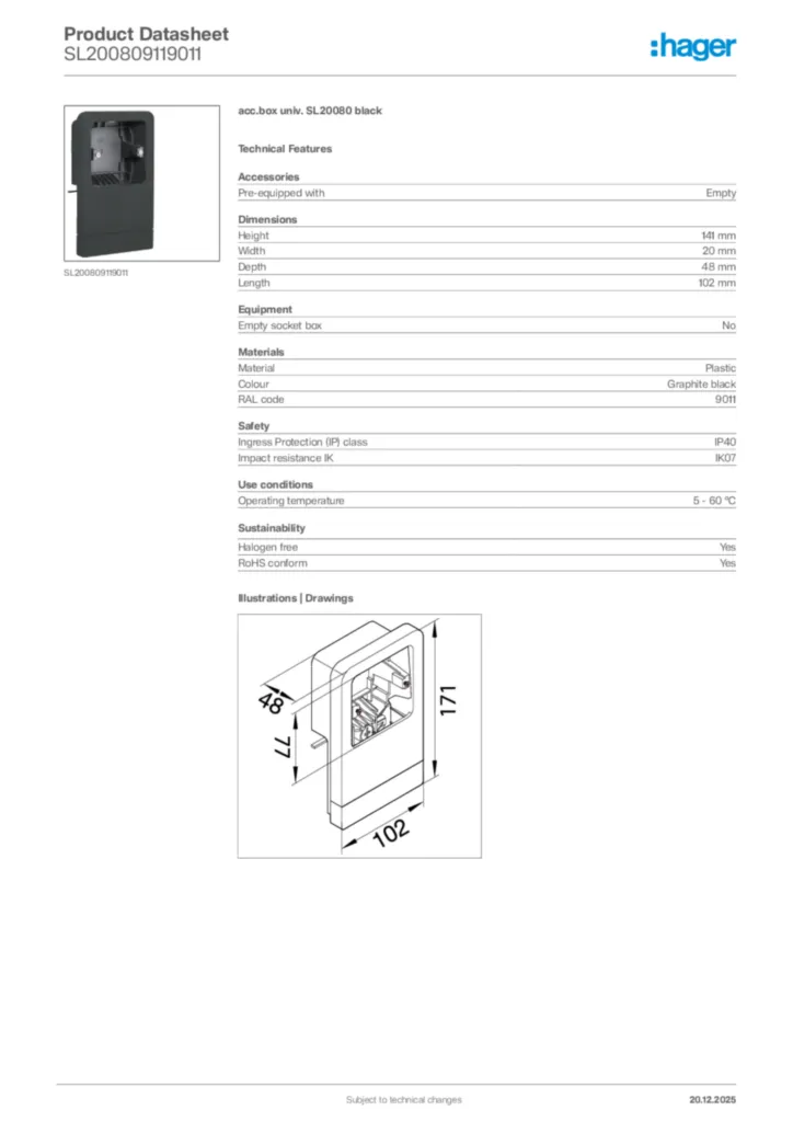 Image Hager Product data sheet SL200809119011  | Hager Africa