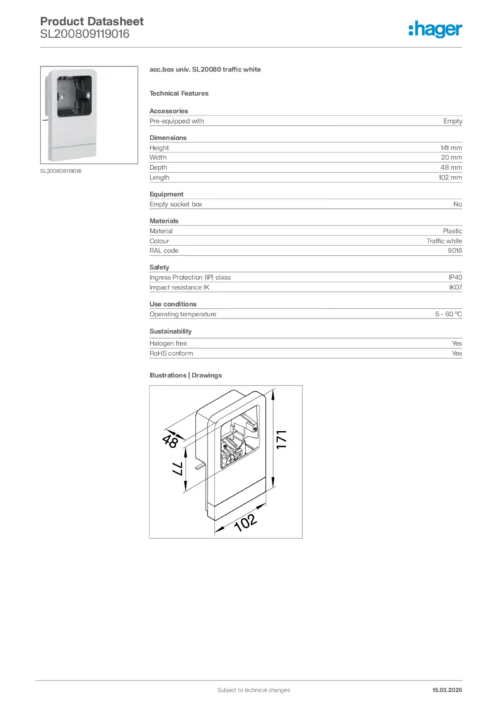Image Hager Product data sheet SL200809119016  | Hager Africa