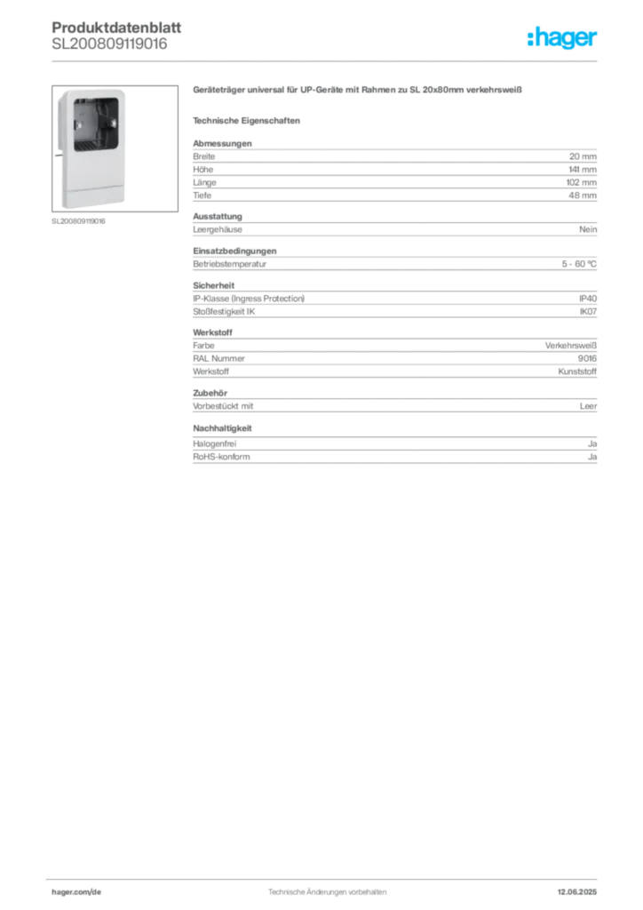 Bild Hager Produktdatenblatt SL200809119016 | Hager Deutschland
