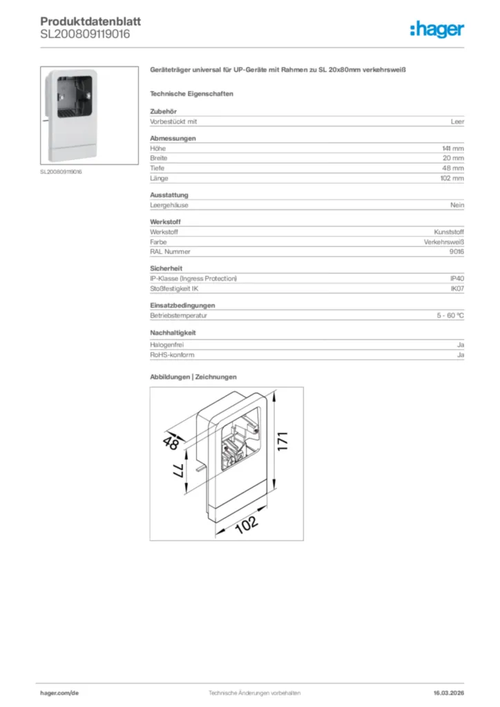 Bild Hager Produktdatenblatt SL200809119016 | Hager Deutschland