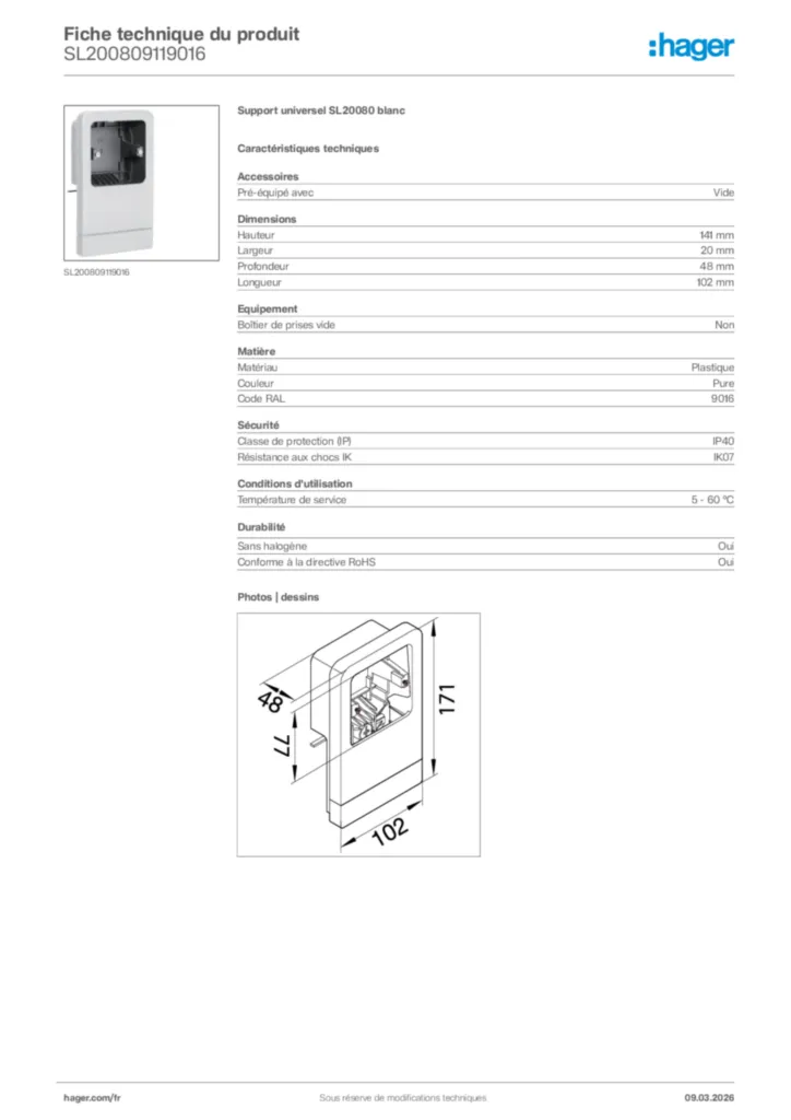 Image Hager Fiche technique du produit SL200809119016 | Hager France