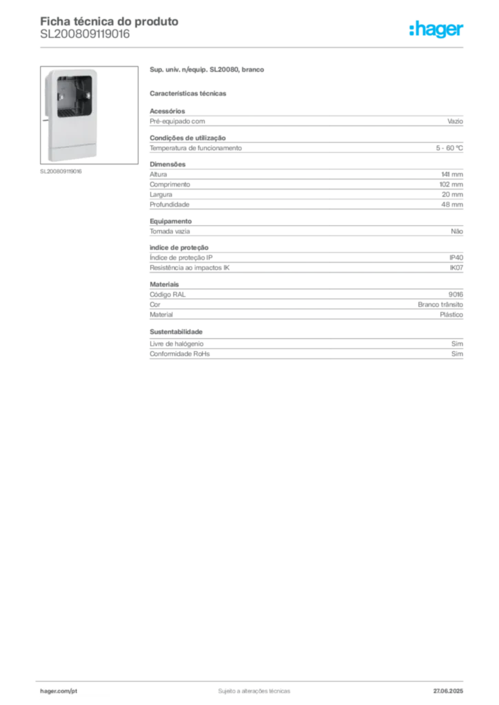 Imagem Hager Ficha técnica do produto SL200809119016 | Hager Portugal