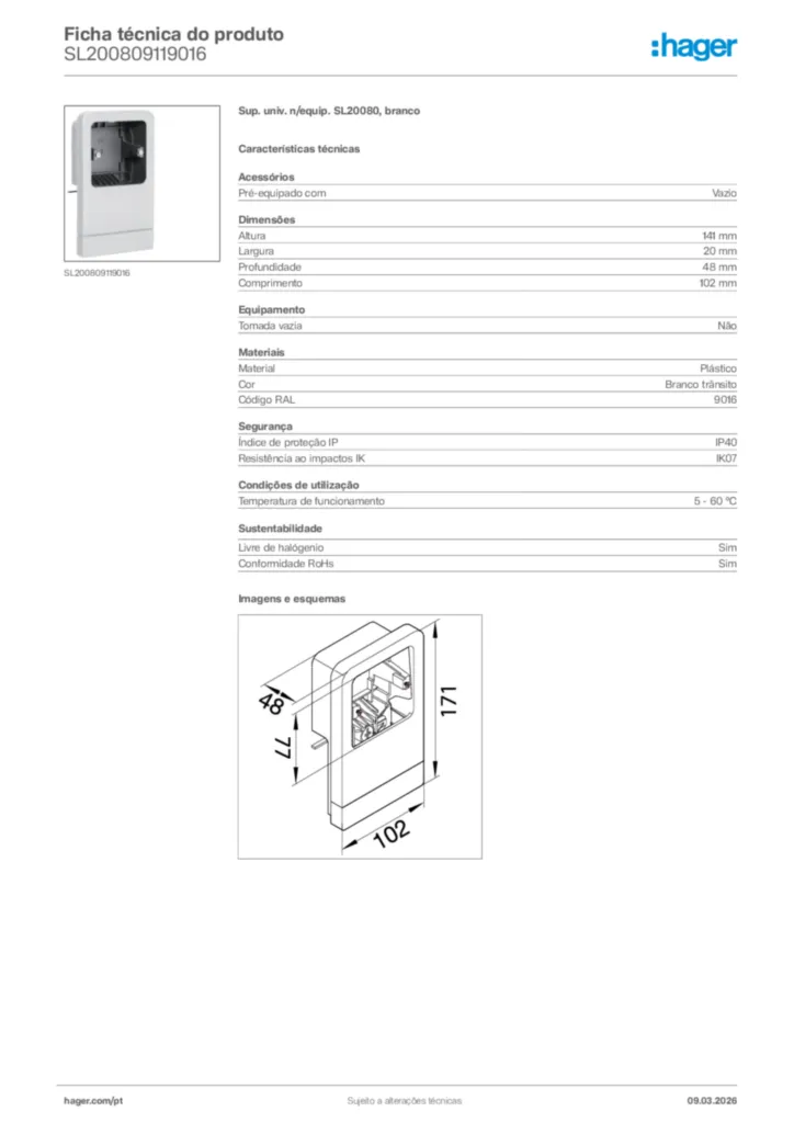 Imagem Hager Ficha técnica do produto SL200809119016 | Hager Portugal