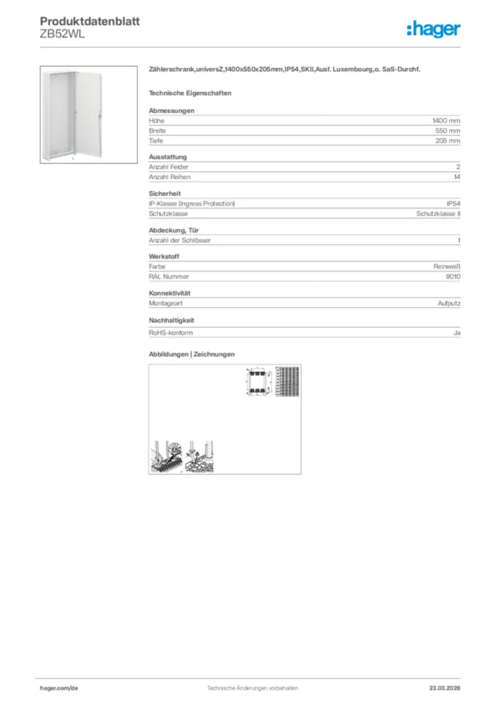 Bild Hager Produktdatenblatt ZB52WL | Hager Deutschland