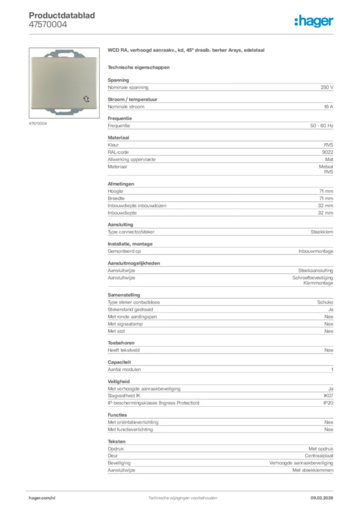 Afbeelding Hager Productdatablad 47570004 | Hager Nederland