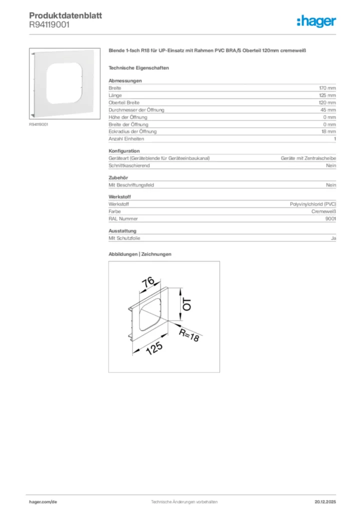 Bild Hager Produktdatenblatt R94119001 | Hager Deutschland