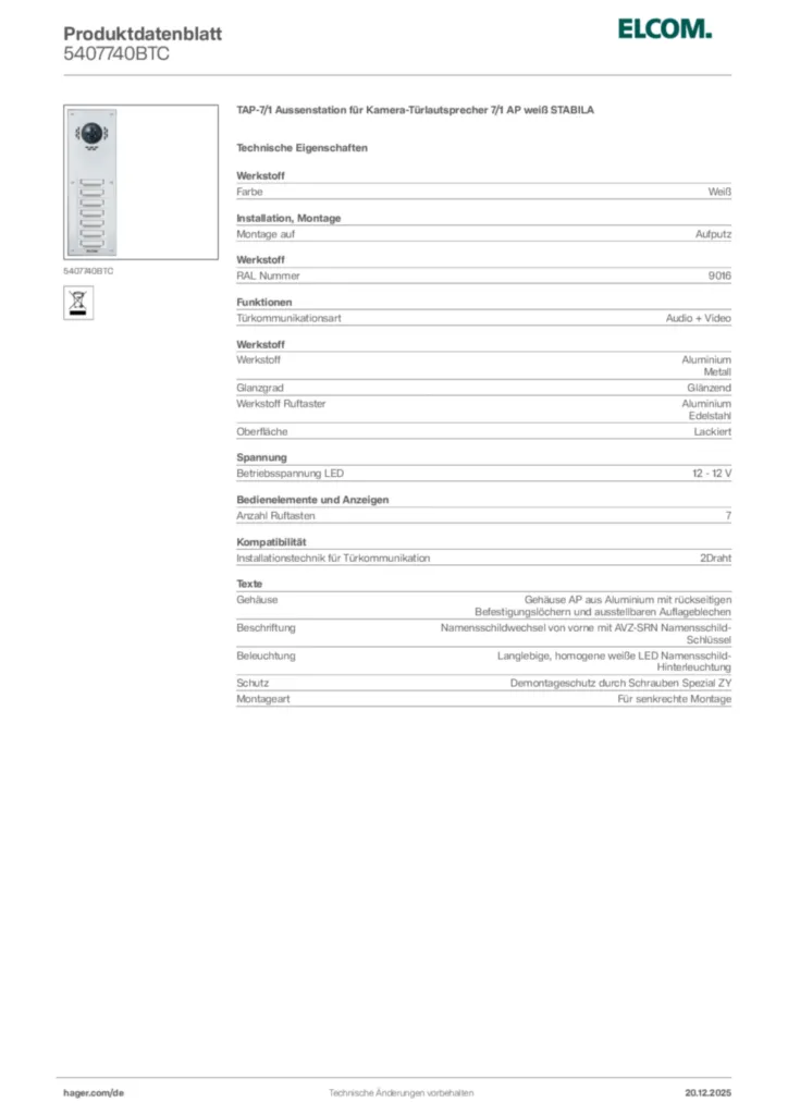 Bild Elcom Produktdatenblatt 5407740BTC | Hager Deutschland