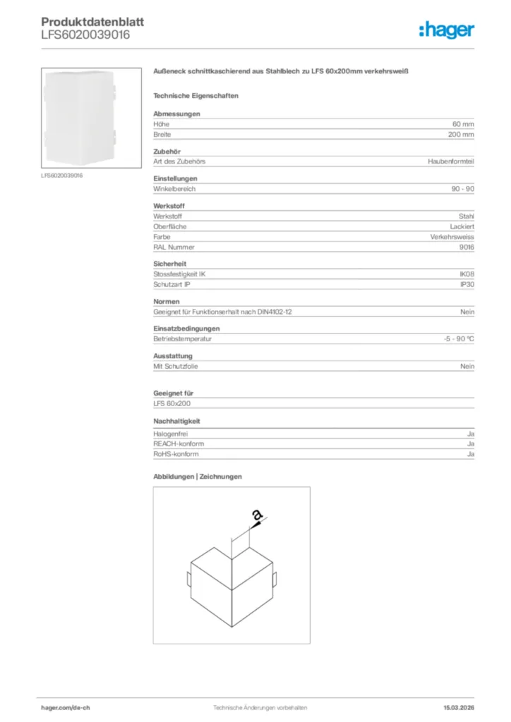 Bild Hager Produktdatenblatt LFS6020039016 | Hager Schweiz