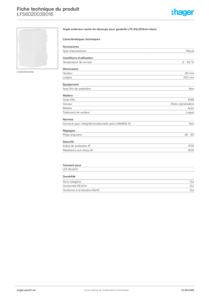 Image Hager Fiche technique du produit LFS6020039016 | Hager Suisse