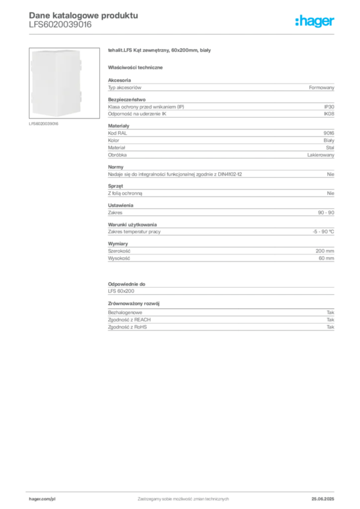 Zdjęcie Hager Karta katalogowa LFS6020039016 | Hager Polska