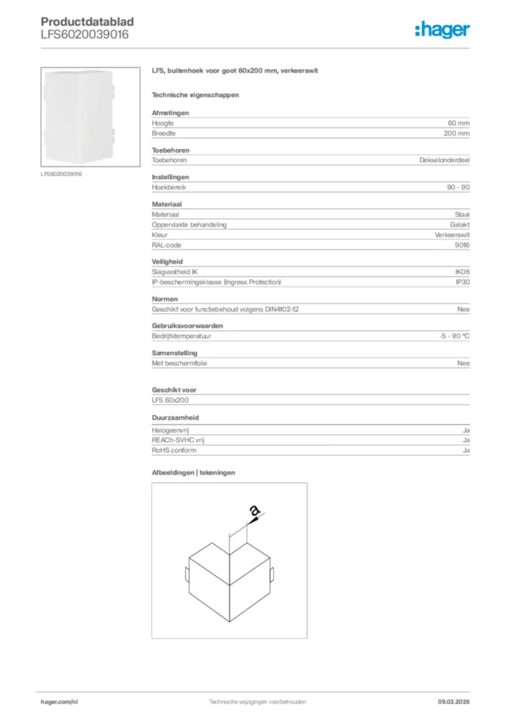 Afbeelding Hager Productdatablad LFS6020039016 | Hager Nederland
