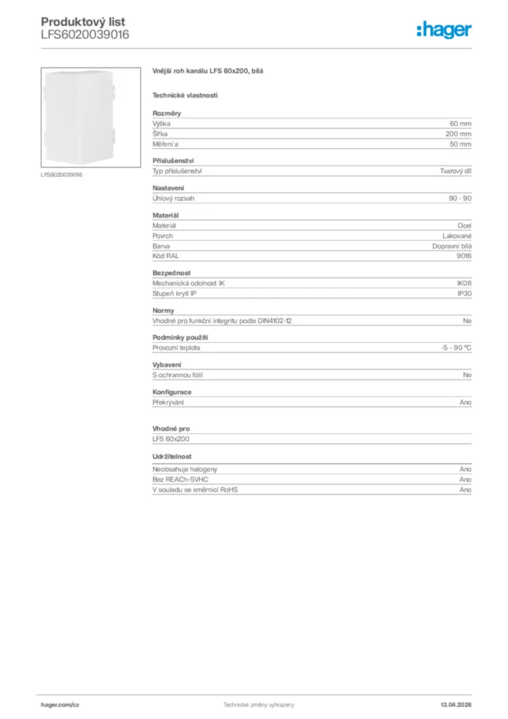 Obrázek Hager Product data sheet LFS6020039016 | Hager